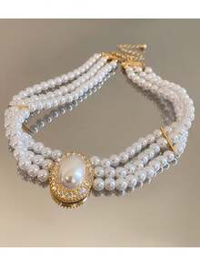 1入組銅合金多層珍珠和鑽石鑲嵌頸圈項鍊,適用於女士 - 金色 - 查看 3