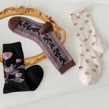 3雙/套女式復古風格多巴胺印花過膝襪,適用於秋冬季節 - 彩色 - 查看 5