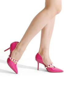 Women Closed Toe High Heels Stiletto Pointed Toe Strappy Pearl Elegant D'Orsay Dress Wedding Party Pumps Shoes - 玫瑰紅 - 查看 3