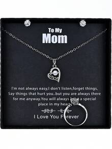 4 件銀色時尚奢華鍍銅 18k 鑲嵌和水鑽翼形心月項鍊、戒指、耳環套裝帶賀卡和禮品盒適合情人節、情侶、女朋友、最好的朋友,適合所有場合 - 銀色 - 查看 13