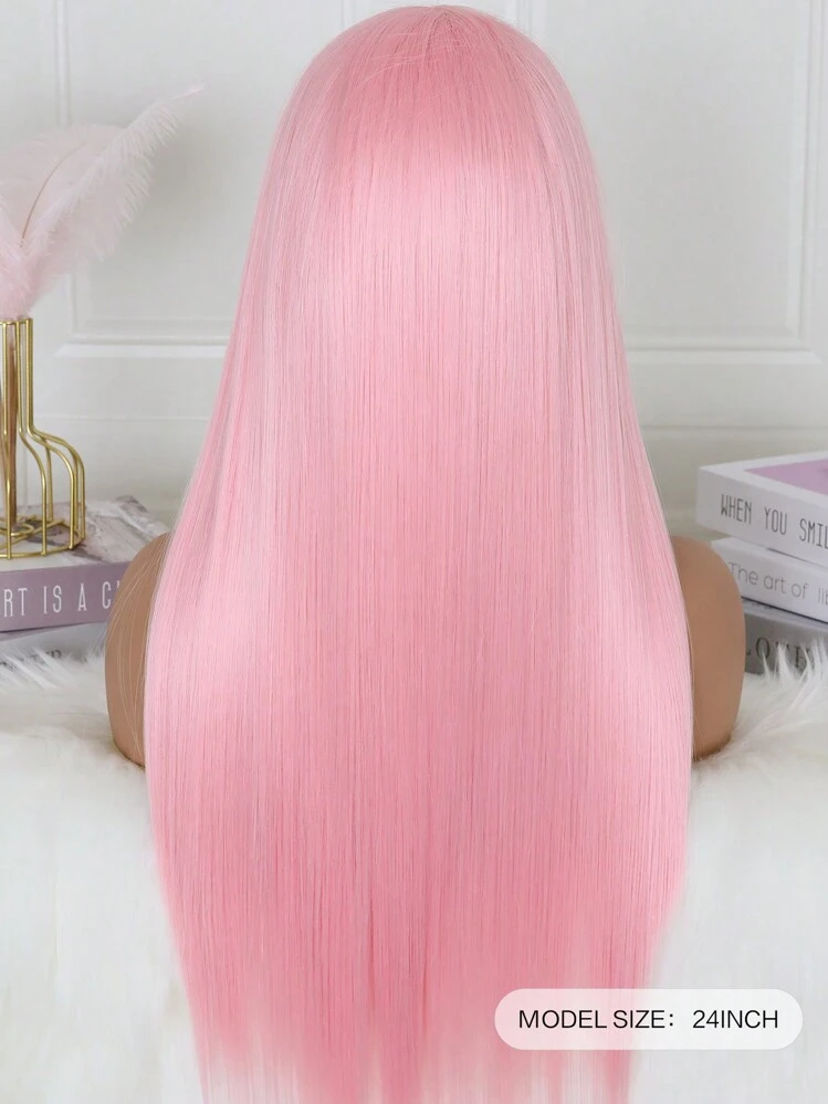 13*4 Pink Lace Front Wigs Colored Long Straight Hair Pastel Pink Wig Heat Resistant Middle Part Lace Wig Natural Hair 180% Density Synthetic Lace Front Wigs For Fashion Women - Pink - View 6