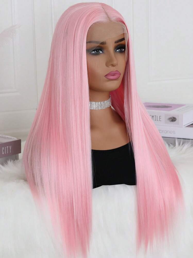 13*4 Pink Lace Front Wigs Colored Long Straight Hair Pastel Pink Wig Heat Resistant Middle Part Lace Wig Natural Hair 180% Density Synthetic Lace Front Wigs For Fashion Women - Pink - View 4