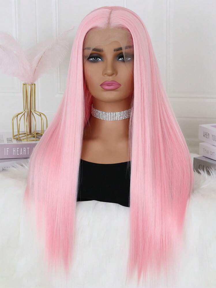 13*4 Pink Lace Front Wigs Colored Long Straight Hair Pastel Pink Wig Heat Resistant Middle Part Lace Wig Natural Hair 180% Density Synthetic Lace Front Wigs For Fashion Women - Pink - View 2