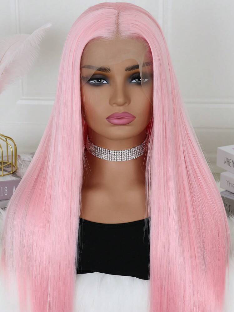 13*4 Pink Lace Front Wigs Colored Long Straight Hair Pastel Pink Wig Heat Resistant Middle Part Lace Wig Natural Hair 180% Density Synthetic Lace Front Wigs For Fashion Women - Pink - View 5