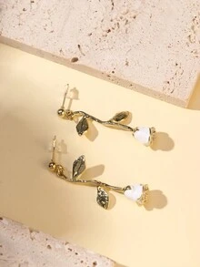 1pair Vintage Elegant Alloy Drip Oil White Rose & Leaf Design Long Earrings For Women - White - View 4