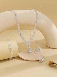 1 Set personalisierter, modischer, einfacher Schmuck aus Kupfermaterial mit blanken Strass-Steinen, 5 Stücke/Set - 1 Halskette, 1 Ring, 1 Armband, 1 Paar Ohrringe