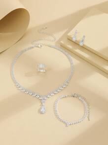 1 Set personalisierter, modischer, einfacher Schmuck aus Kupfermaterial mit blanken Strass-Steinen, 5 Stücke/Set - 1 Halskette, 1 Ring, 1 Armband, 1 Paar Ohrringe