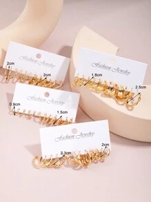 12-48 件优雅复古设计多层心形、花朵、波浪、扭曲、镂空、纹理、金属 C 形环状耳环套装，时尚珠宝礼物，适合节日、派对、日常佩戴 - 金黃色 - 查看 2