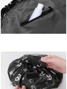 1入組便攜式花紋鬆紮束口化妝袋旅行收納袋，快速簡便收納 - 黑色 - 查看 6