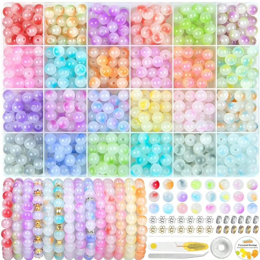 500PCS Glass Beads For Jewelry Making, 24 Color Randomly 8mm Glass Crystal Beads Friendship Bracelets Making Kit For DIY Earrings Necklaces Rings