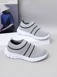 1pair Girls' Knitted Design Breathable Slip-On Casual Sneakers Suitable For Spring And Autumn Seasons - Grey - View 2