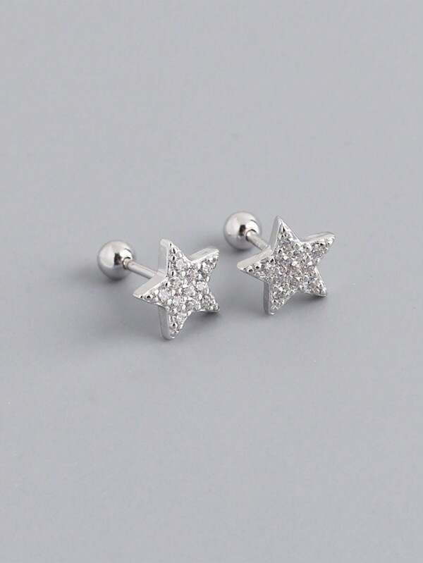 1 Par Pendientes Sencillos De Plata De Ley 925 Con Estrella Y Diamantes De Imitación, Adecuados Para Uso Diario De Mujeres, Bodas, Compromiso Y Joyas De Novia