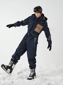 男女牛仔滑雪服纳米级防水防风防污弹力耐磨透气加厚保暖适合户外滑雪滑雪服 - 藍色 - 查看 11