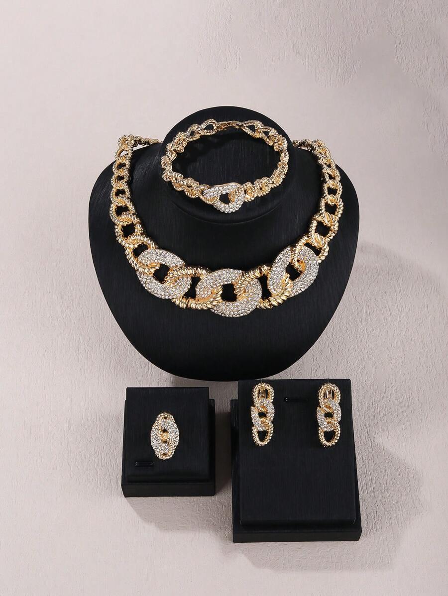 5pcs Choker Link Chain Elegant Jewelry Sets Golden With Rhinestone Luxury Party Necklcae Bracelet Earrings Ring For Women - Multicolor - View 1