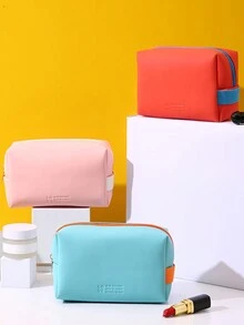 玫瑰紅色對比色拼接pu化妝包,帶有彈性手柄,防水大容量化妝包,女士時尚款式,適用於化妝工具收納,學校用品,旅行配件。 - 玫紅色 - 查看 7