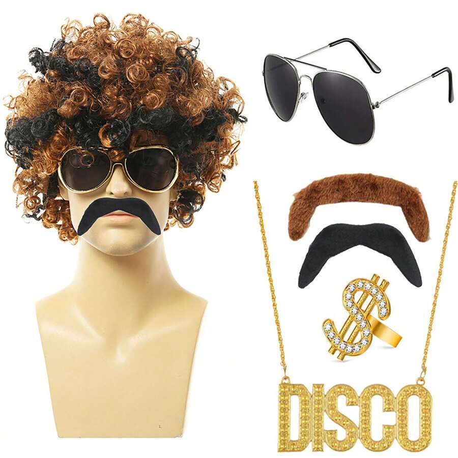 5 Piezas Peluca Punk Para Fiesta Disco, Peluca De Rock Para Hombres Y Accesorio De Cabeza - Marrón - Ver 1