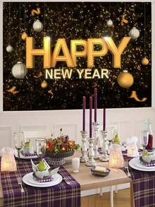 1pc Polyester Tapestry, Happy New Year 2024 Photography Background, Black & Gold Fireworks Background, Suitable For Outdoor Bedroom Living Room, Including Free Installation Accessories - Multicolor - View 2