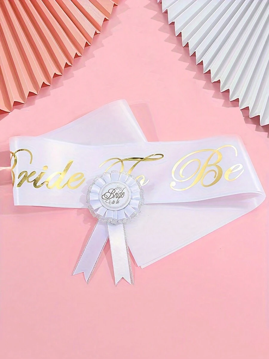 2pcs/Set Bride To Be Set, Groom & Bride Wedding Party Sash And Badge, Bachelorette Shower Decoration Accessory - White - View 1