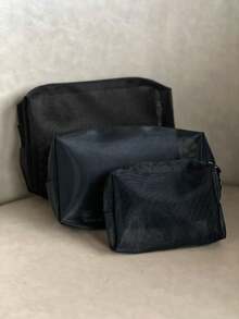 1pc/Small Set Fashionable Mesh Cosmetic Bag, Blue Breathable Storage Bag, Coin Purse, Wash Bag - Black - View 2