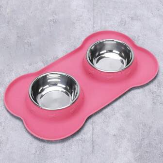 1pc Stainless Steel Double Bowl Anti-Spill Pet Feeder With Non-Skid Mat, For Dogs And Cats, Various Sizes