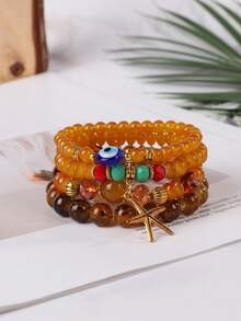 4 件/套波西米亞風格海星和眼睛設計多層手鍊帶珠子和鬆緊繩首飾 - 黃色 - 查看 3