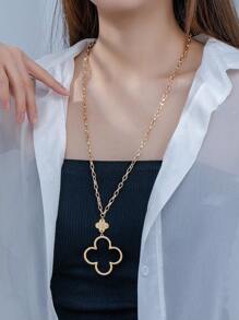 1pc Fashionable Simple Elegant Hollow Out Lucky Clover Pendant Necklace, Cold Tone - Clover - View 6