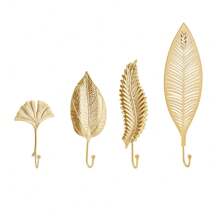 4pcs Decorative Leaves Iron Hooks, 4 Style Feather/Maple Leaf Wall Mounted Hangers Gold Coat Hooks For Hanging Key, Towel, Coat, Photo Frame, Hat, Bag And Umbrella - Gold - View 1