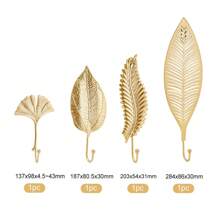 4pcs Decorative Leaves Iron Hooks, 4 Style Feather/Maple Leaf Wall Mounted Hangers Gold Coat Hooks For Hanging Key, Towel, Coat, Photo Frame, Hat, Bag And Umbrella - Gold - View 3