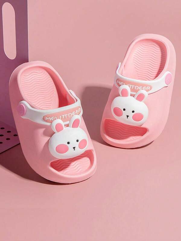 1對兒童卡通兔子夏季拖鞋，軟底帶跟帶女孩可愛海灘拖鞋