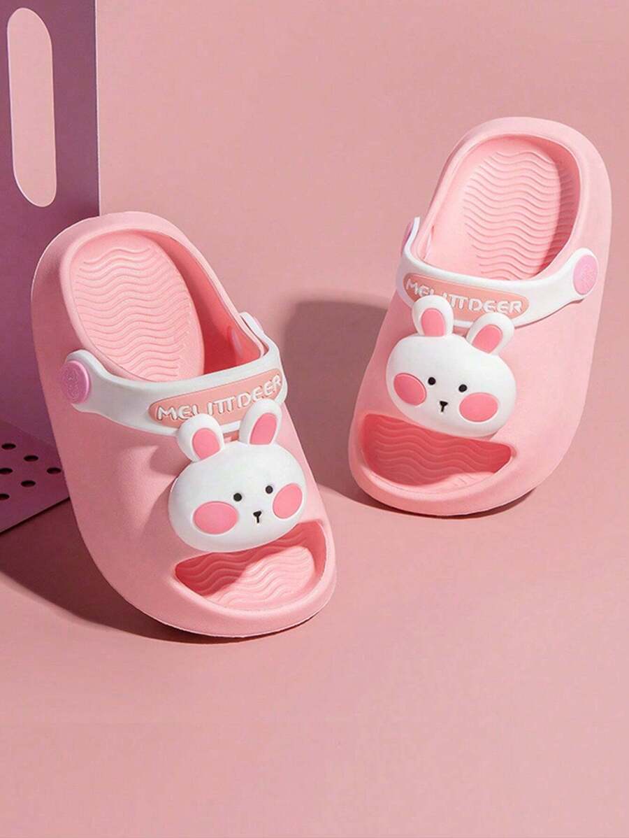 1pair Kids' Cartoon Rabbit Summer Slippers, Soft Bottom With Heel Strap Girls' Cute Beach Slippers