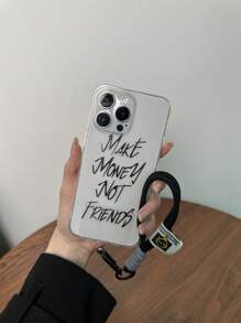 1pc Transparent Tpu Phone Case With Fine Holes & Colorful English Letter Print, With Phone Strap, Compatible With Iphone And Samsung Models - Black - View 2