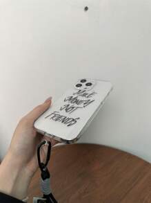 1pc Transparent Tpu Phone Case With Fine Holes & Colorful English Letter Print, With Phone Strap, Compatible With Iphone And Samsung Models - Black - View 5