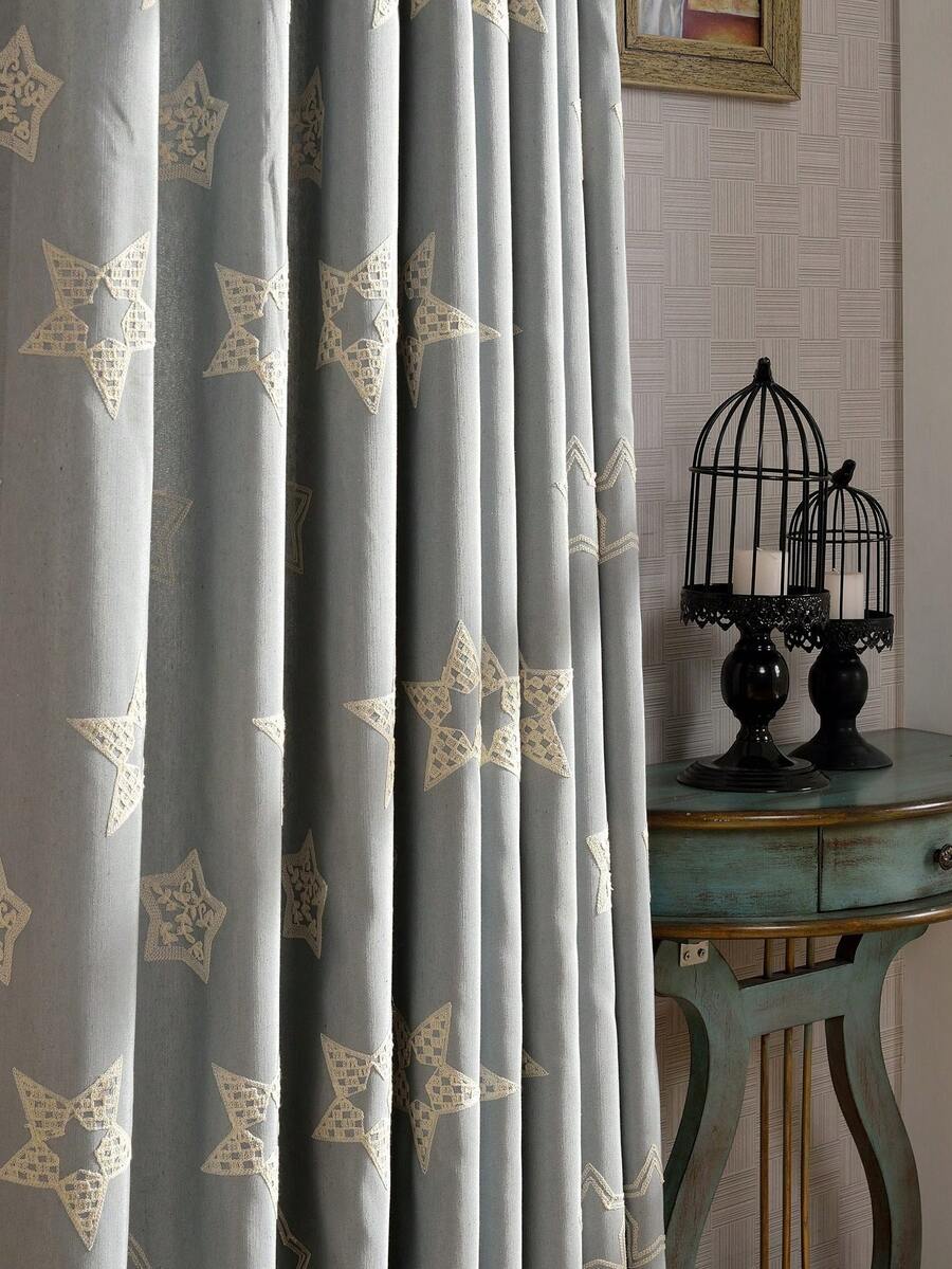1pc Embroidered Semi-Blackout Curtain - Grey - View 1