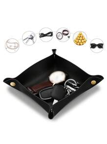 1pc Minimalist PU Leather Table Storage Box, Desktop Storage Tray,Jewelry Cosmetic Key Organizer,Anti-Fouling Outdoor Foldable Storage Tray For Living Room,For Office Desk, Home Coffee Table - Black - View 2