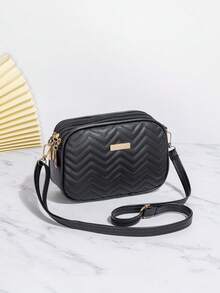 新款时尚菱形图案斜挎包，多功能三层单肩斜挎相机包 - 黑色 - 查看 5