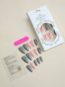 24枚中號杏仁灰色假指甲,花卉設計閃耀光澤貼式假指甲,含指甲膠,適用於女性和女孩 - 彩色 - 查看 2