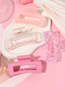 4 件粉色果冻心印花，透明磨砂，中号方形发夹套装，可爱百搭，甜蜜情侣礼物，粉色配饰情人节休闲情人爪夹发夹发夹发夹发夹发夹，可爱发饰 - 彩色 - 查看 1