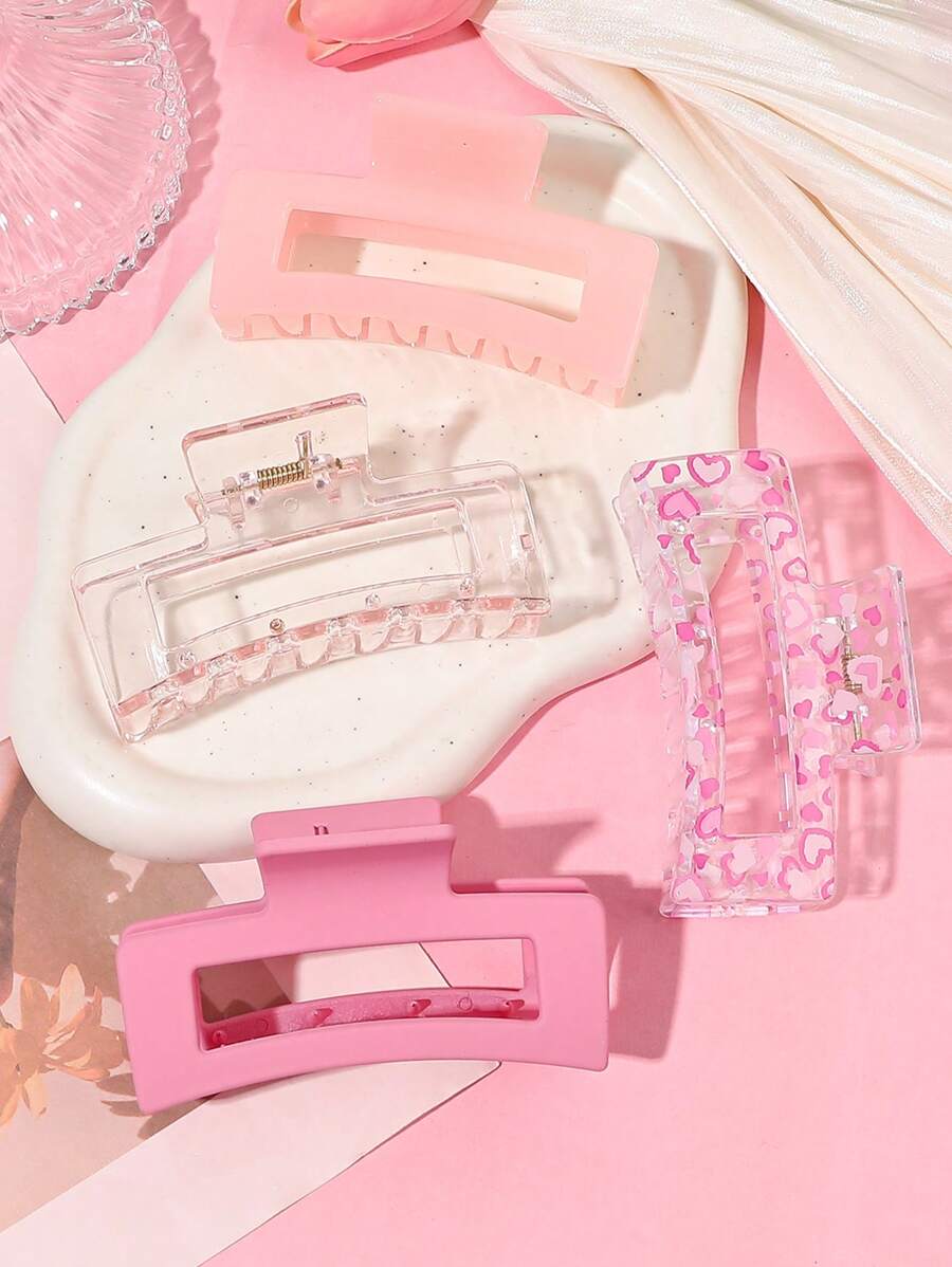 4 件粉色果冻心印花，透明磨砂，中号方形发夹套装，可爱百搭，甜蜜情侣礼物，粉色配饰情人节休闲情人爪夹发夹发夹发夹发夹发夹，可爱发饰 - 彩色 - 查看 1