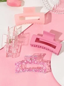 4 件粉色果冻心印花，透明磨砂，中号方形发夹套装，可爱百搭，甜蜜情侣礼物，粉色配饰情人节休闲情人爪夹发夹发夹发夹发夹发夹，可爱发饰 - 彩色 - 查看 2