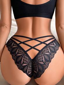 FINETOO 6pcs/Set Ladies' Solid Color Lace Splicing Cross Band Hollow Out Semi-Transparent Sexy Triangle Panties - Multicolor - View 3