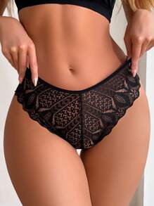 FINETOO 6pcs/Set Ladies' Solid Color Lace Splicing Cross Band Hollow Out Semi-Transparent Sexy Triangle Panties - Multicolor - View 2