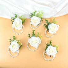 6pcs/1pc Wrist Corsage For Bride Bridesmaids Wedding, Artificial Silk Rose And Faux Pearls Romantic Wrist Corsage For Women Mother Wedding Prom Party Bridal Shower Decoration Wedding Gift Valentine's Day