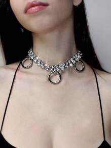 1pc New Arrival Silver Exaggerated Punk Rhinestones Necklace, Sexy Round Pendant Clavicle Chain Accessory - Silver - View 1