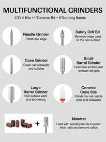 Yokefellow Usb電動指甲鑽套裝（粉色/黑色/灰色）,附有6支指甲鑽和6個砂輪帶,電動專業指甲磨光機,usb接口手柄,usb指甲鑽筆,便攜式指甲修護器,適用於膠甲沙龍,完美新年禮物 - 灰色 - 查看 9