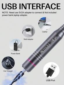 Yokefellow Usb電動指甲鑽套裝（粉色/黑色/灰色）,附有6支指甲鑽和6個砂輪帶,電動專業指甲磨光機,usb接口手柄,usb指甲鑽筆,便攜式指甲修護器,適用於膠甲沙龍,完美新年禮物 - 灰色 - 查看 6