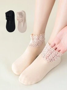 2pairs Women's Stylish Lace Low Cut Socks With Velvet Lining, Black/Skin Color, Winter - Multicolor - View 2