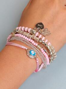 6pcs/Set Bohemian Style Bracelet With Creative Heart Pendant, Multilayer Stretchy Pink Jewelry - Pink - View 3