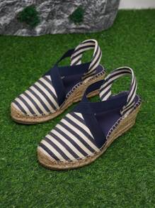 Suomihu 2024 New Arrival Women Espadrilles With Platform And Wedge Heel For Vacation, Solid Blue/Navy Blue Stripe & Woven Raffia Bottom Fisherman Sandals - Royal Blue - View 7