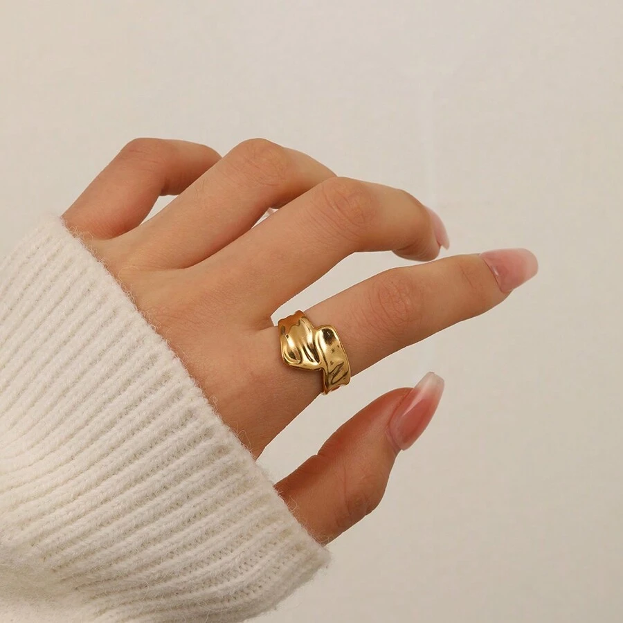 1pc Fashionable Lava Glossy Gold Plated Open Stainless Steel Ring, Suitable For Daily Wear For Women - As Shown - View 1