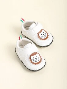 1副卡通動物圖案小獅子Pu鞋帶設計軟橡膠防滑運動鞋，舒適透氣，適合0-18個月的新生兒、嬰兒和幼兒，在所有季節都合適 - 白色 - 查看 2